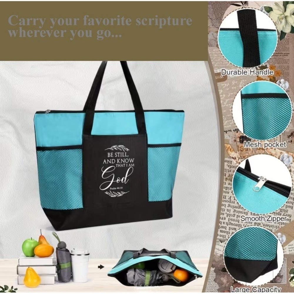 Chrisitan Tote Beach Bag x2 Scripture Bible Shopping Zip Aqua Green Gray Gift - Picture 8 of 11